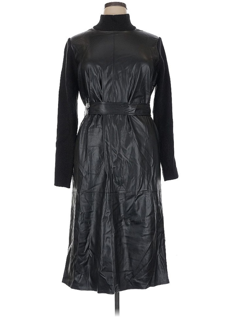 Ann Taylor Black Faux Leather Front Long Sleeve Belted Dress